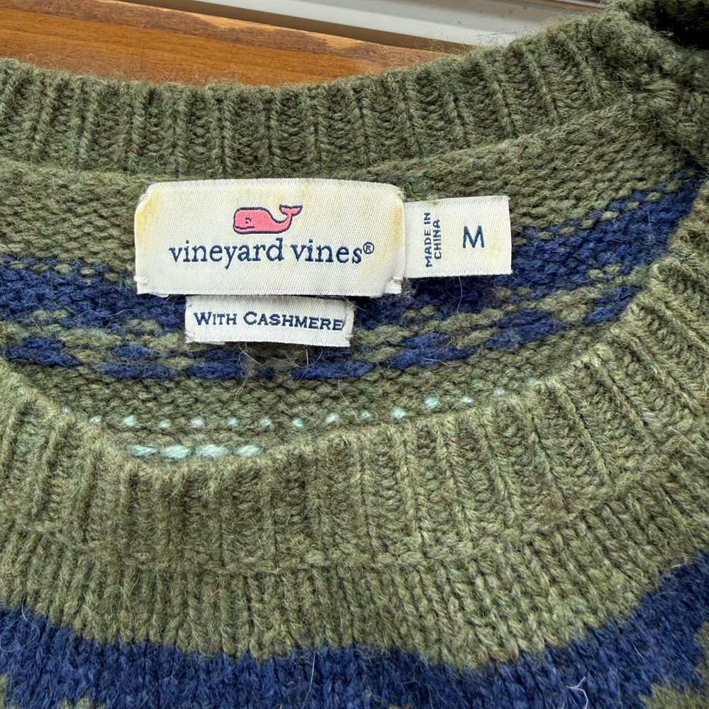 Vineyard Vines VGUC Fair Isle Cashmere Blend Sweater Green Blue Medium - Picture 4 of 7